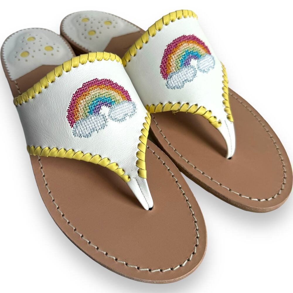 Jack Rogers Women’s Rainbow Embroidered White Leather Thong Sandal Size 8 NEW